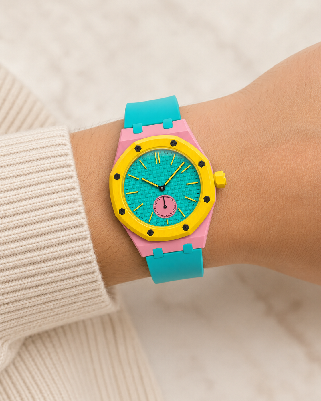Turquoise, Pink & Yellow Royal Pop strap on wrist