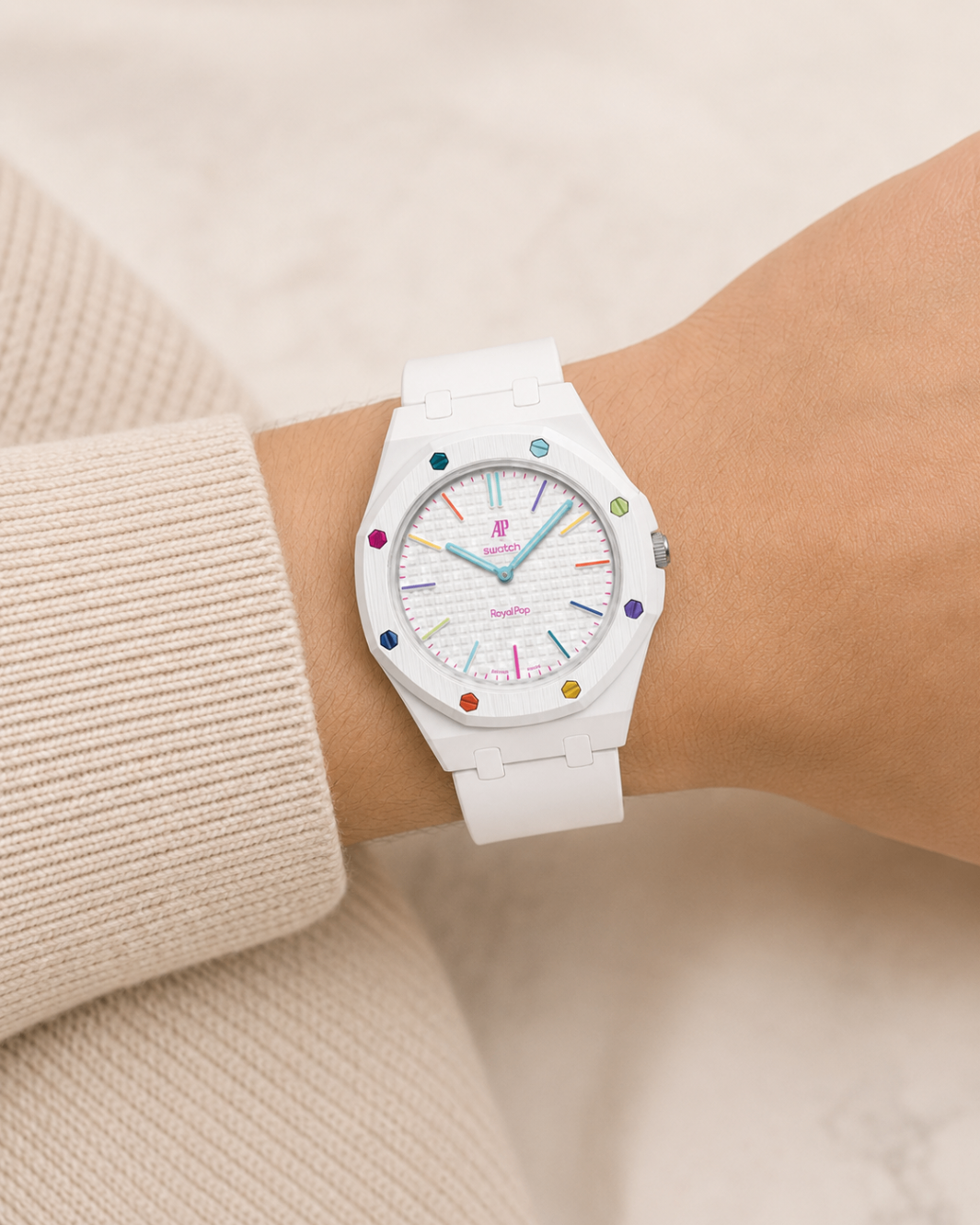 White Rainbow Royal Pop strap on wrist